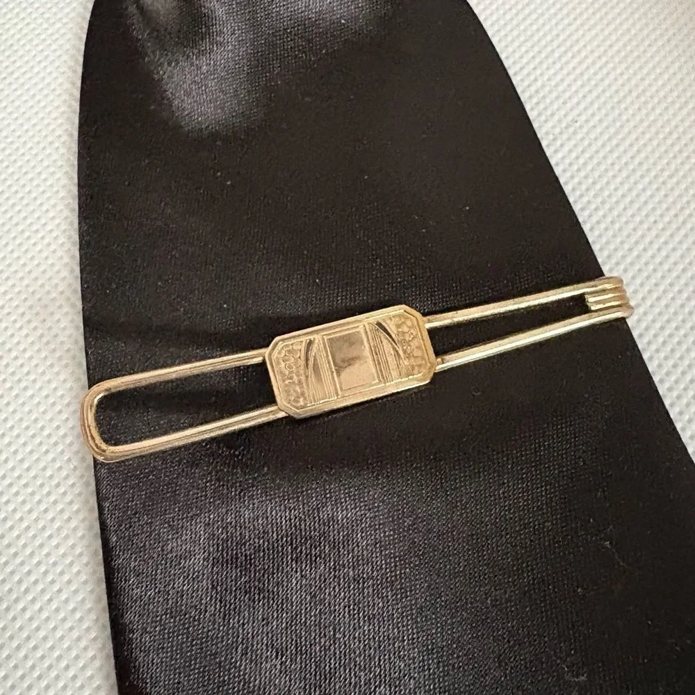 Vintage 50s Gold Tone Geometric Motif Tie Bar Money Clip